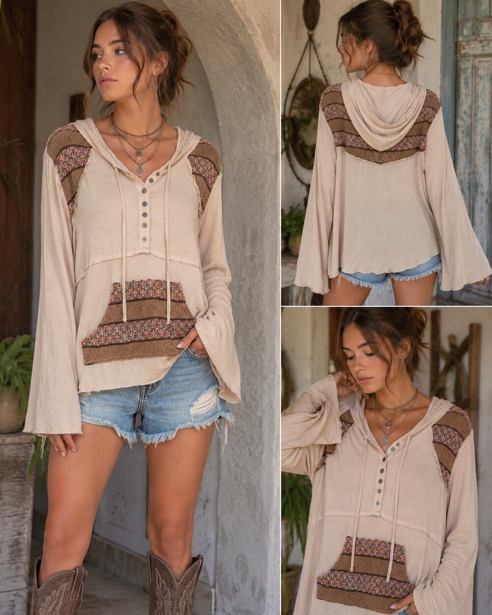 POL Boho Patchwork Hooded Henley Top Bell Sleeve Relaxed Hippie M NWT